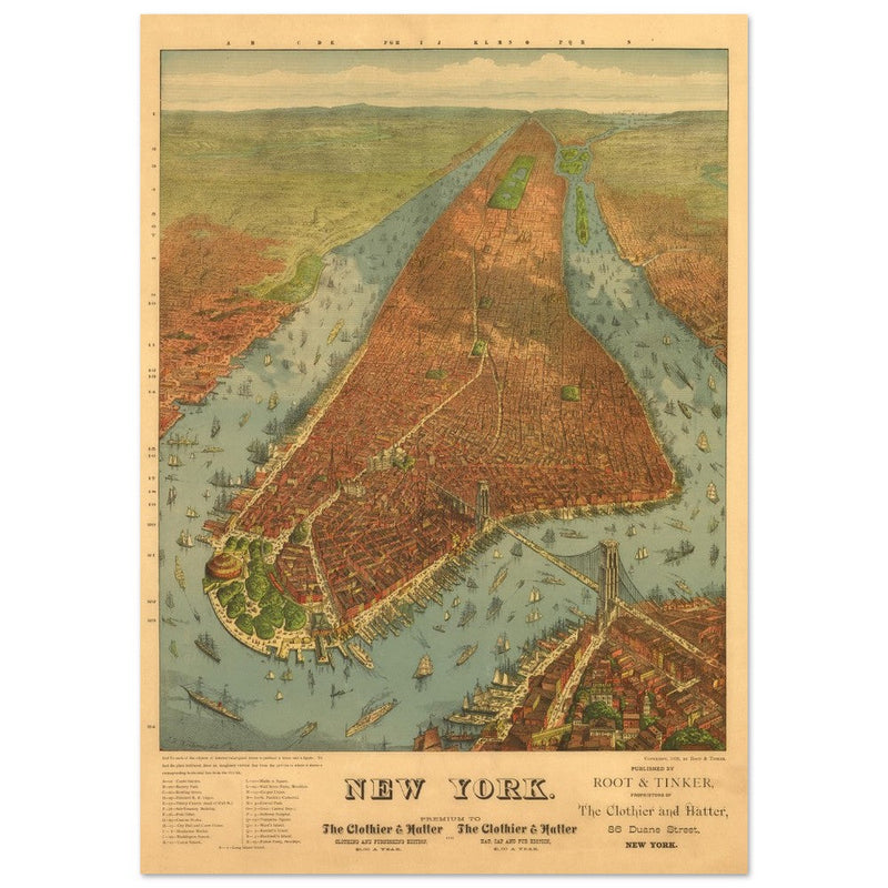 New York City vintage historic aerial view. Antique print  of Manhattan and the Hudson and East river.