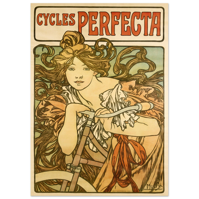 Alphonse Mucha print Cycles Perfecta. Art Nouveau bicycle advertising poster.
