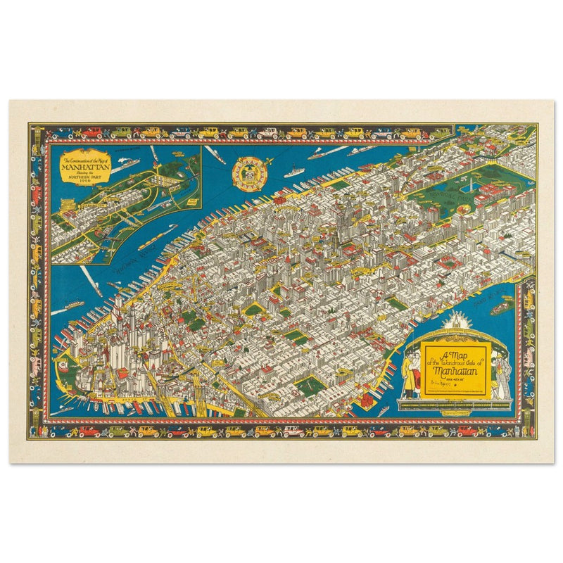 Old map of Manhattan New York City. Antique map reproduction of Manhattan of the 20's