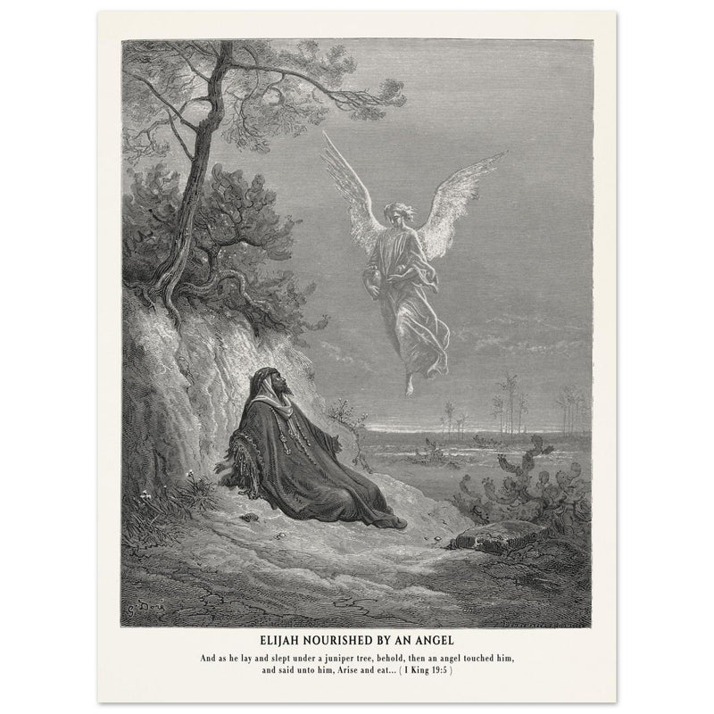 Gustave Dore The Bible engraving print . Elijah nourished by an angel illustration .