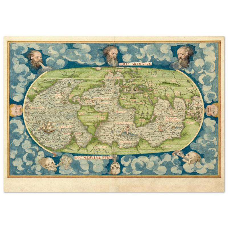 Ancient vintage old map of the world poster reproduction by Guillaume Le Testu 1555