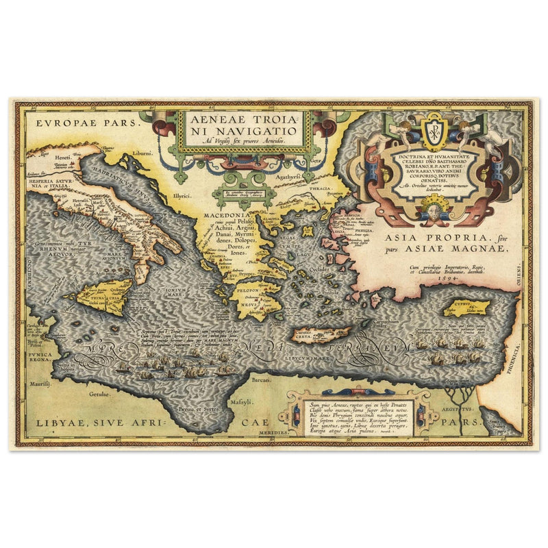 Ancient map of Europe and Asia tracing the sea route to Troy across the Mediterranean sea by Abraham Ortelius