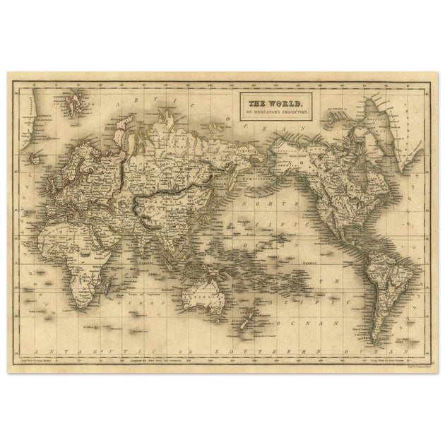 Old vintage world map on Mercator's Projection by George Aikman