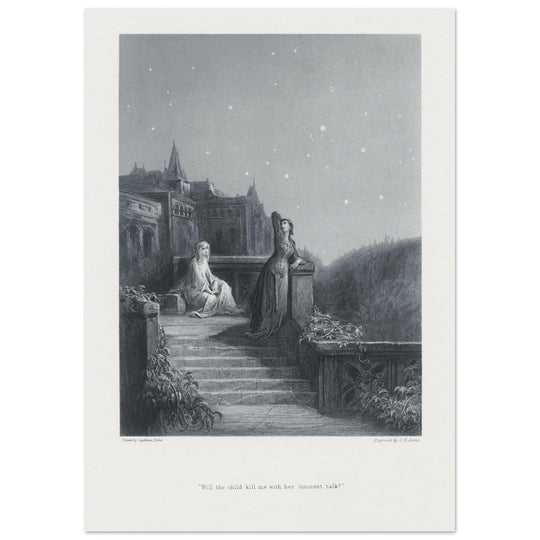 Gustave Dore illustration of King Arthur legend . Terrace scene with Guinevere. From the book Idylls of the King by Alfred Tennyson.