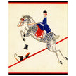 Aline Farrelly illustration for vintage fashion magazine cover woman on horse jumps over fence.