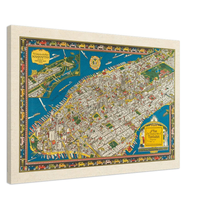Old map of Manhattan New York City. Antique map reproduction of Manhattan of the 20's
