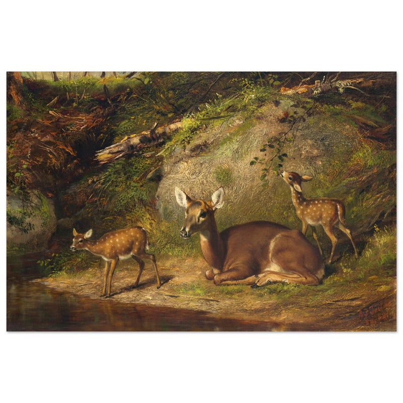 Doe and Two Fawns by Arthur Fitzwilliam Tait  1882. Deer inside forest.