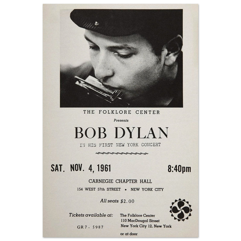 Bob Dylan concert poster in Carnegie Chapter Hall 1961.