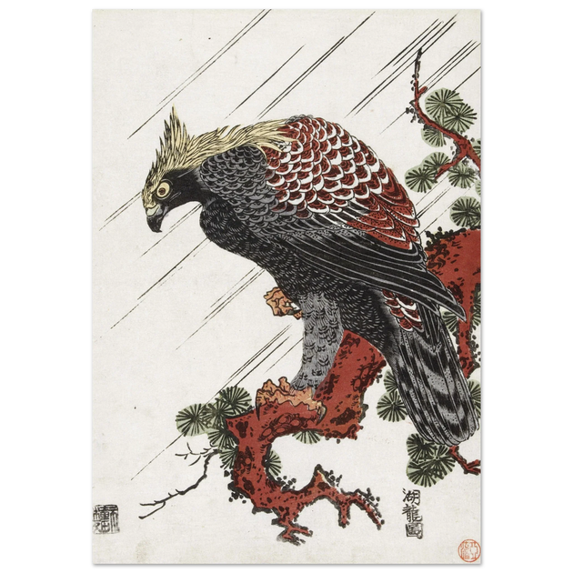 Eagle on pine branch in rain, by Isoda Koryusai