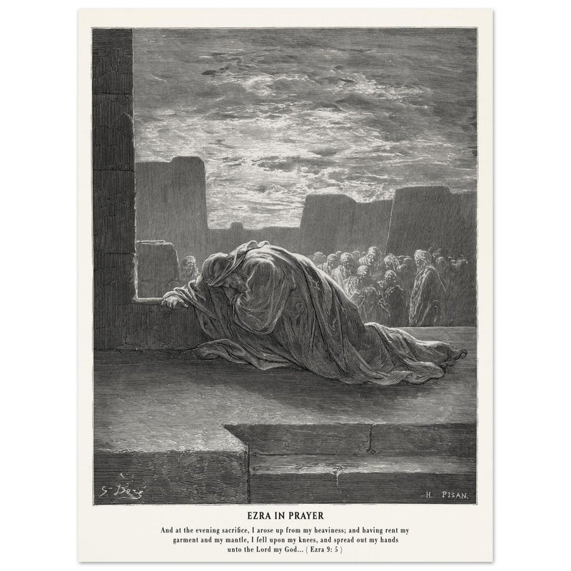 Gustave Dore The Bible engraving print . Ezra in prayer illustration .