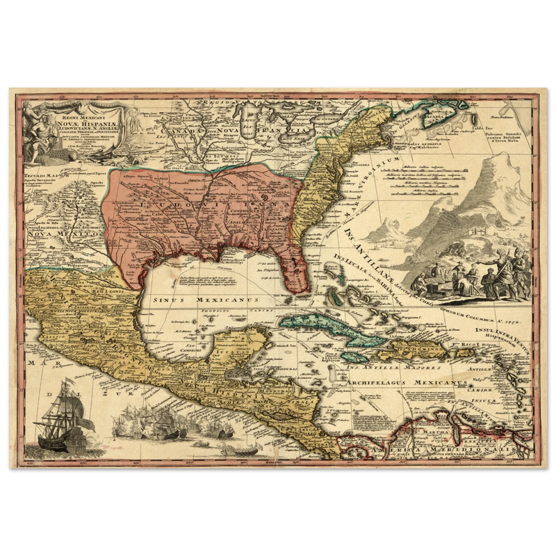 Ancient map of North America. Regni Mexicani seu Novae Hispaniae, Ludovicianae, N. Angliae, Carolinae, Virginae et Pennsylvaniae by Johann Baptist Homann