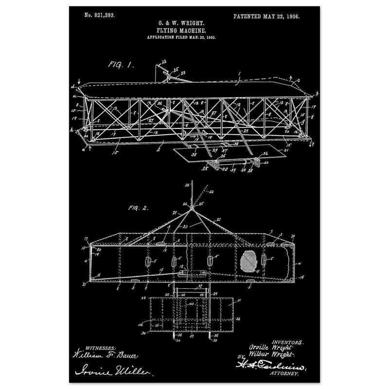 Flying machine patent 1906 by the Wright brothers. Vintage airplane.