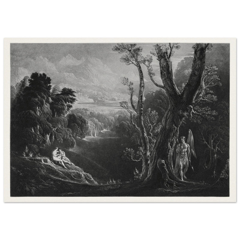 John Martin mezzotint engraving . Satan Contemplating Adam and Eve in Paradise. Paradise Lost by Milton.