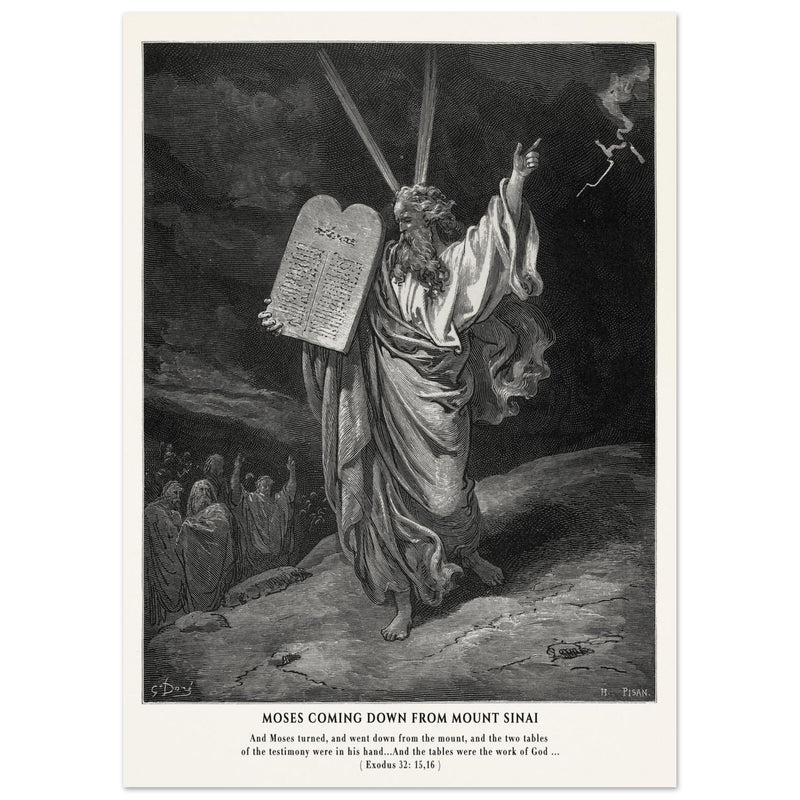 Gustave Dore The Bible engraving print . Moses coming down from Mount Sinai .
