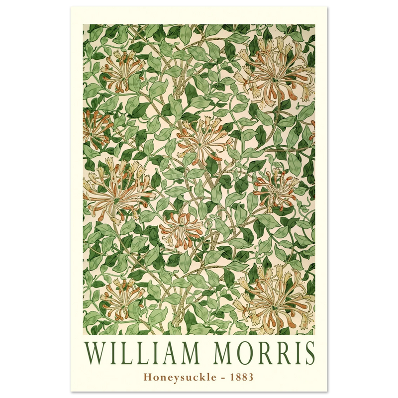 William Morris art print Honeysuckle wallpaper. Vintage flower and leaves poster.