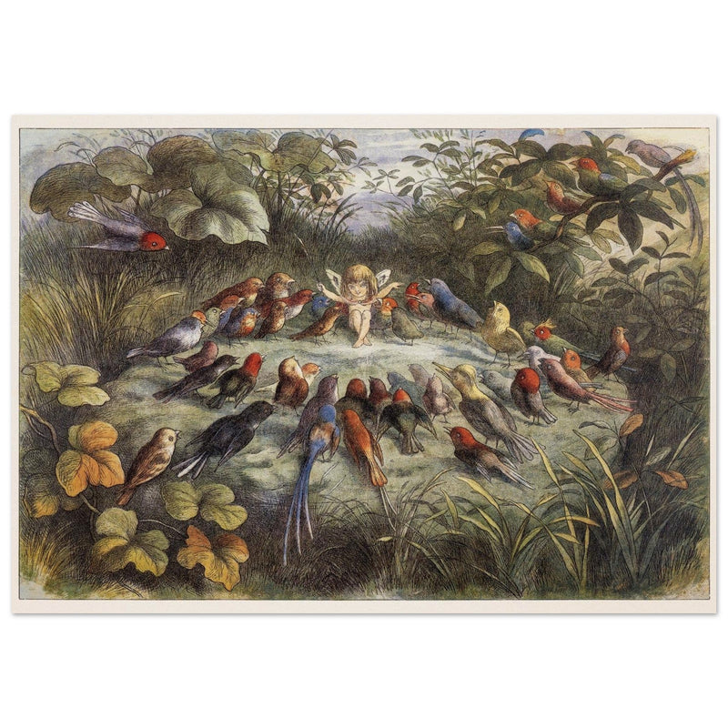 Richard Doyle illustration for Fairyland book. Elf teaching the young birds to sing