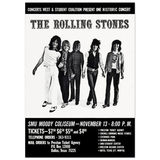 The Rolling Stones music poster of their performance at Dallas Texas in 1969.