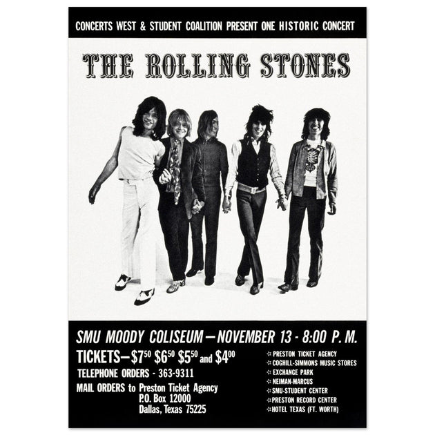 The Rolling Stones music poster of their performance at Dallas Texas in 1969.