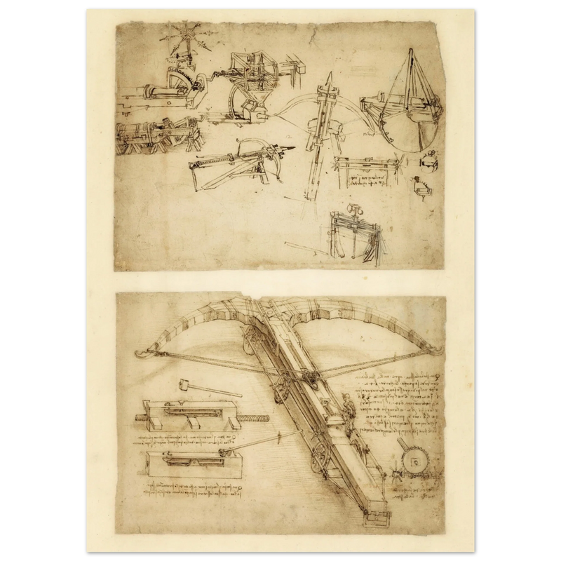 Leonardo da Vinci Atlantic Codex (Codex Atlanticus) Giant crossbow drawing reproduction.