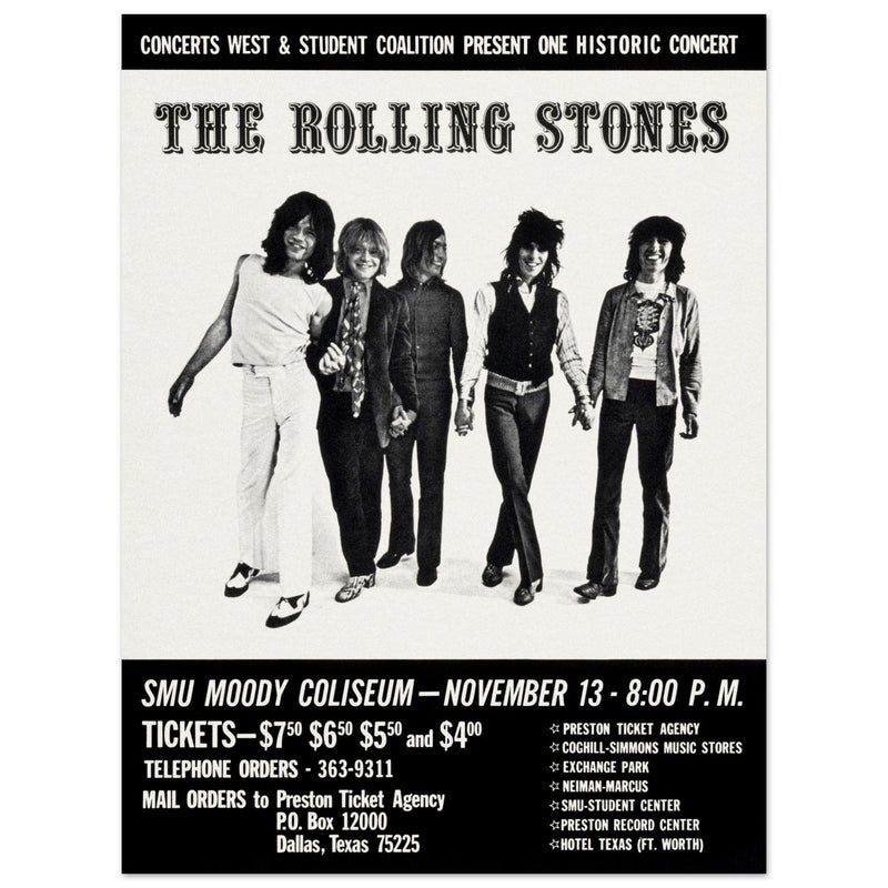 The Rolling Stones music poster of their performance at Dallas Texas in 1969.