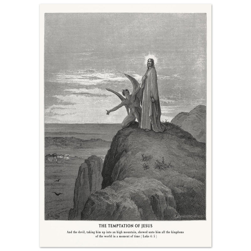 Gustave Dore The Bible engraving print . The temptation of Jesus illustration .