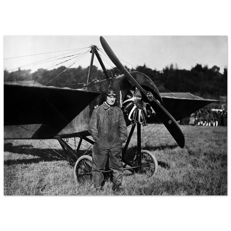 American aviator Frank Champion with vintage airplane 1915