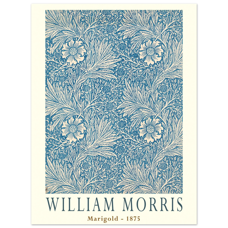 William Morris Marigold art print. Vintage wallpaper reproduction. Blue floral pattern.