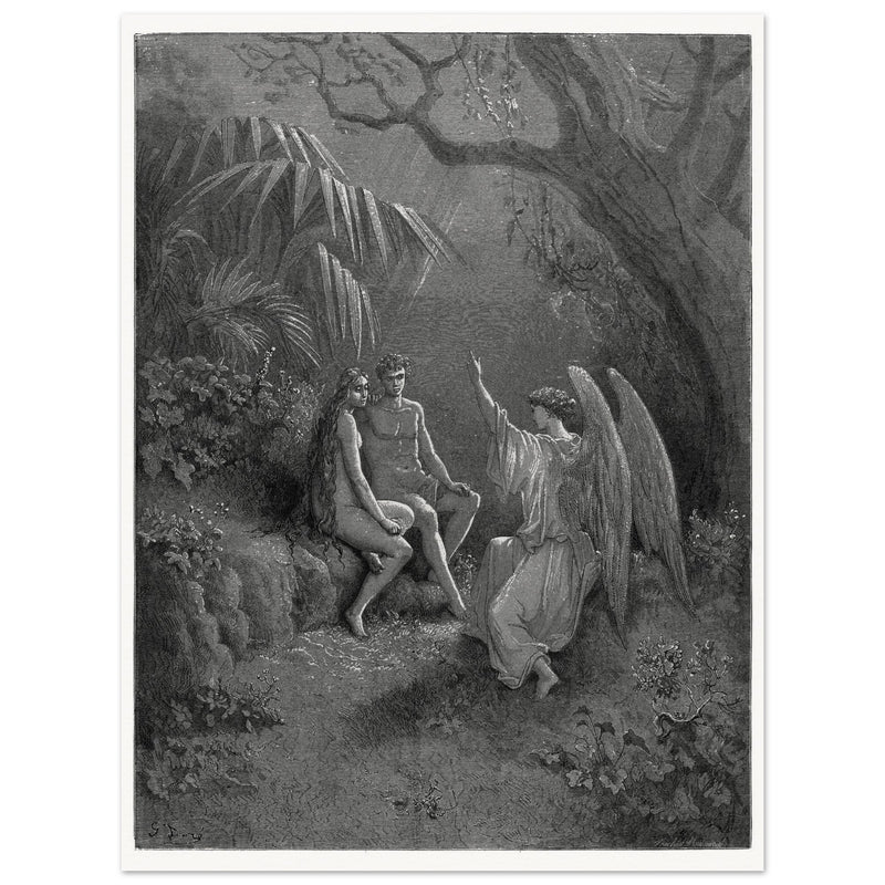 Gustave Dore Paradise Lost engraving . Archangel Rapahel with Adam and Eve in Eden.