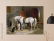 White horse in stable with dogs antique painting by Edwin Landseer.