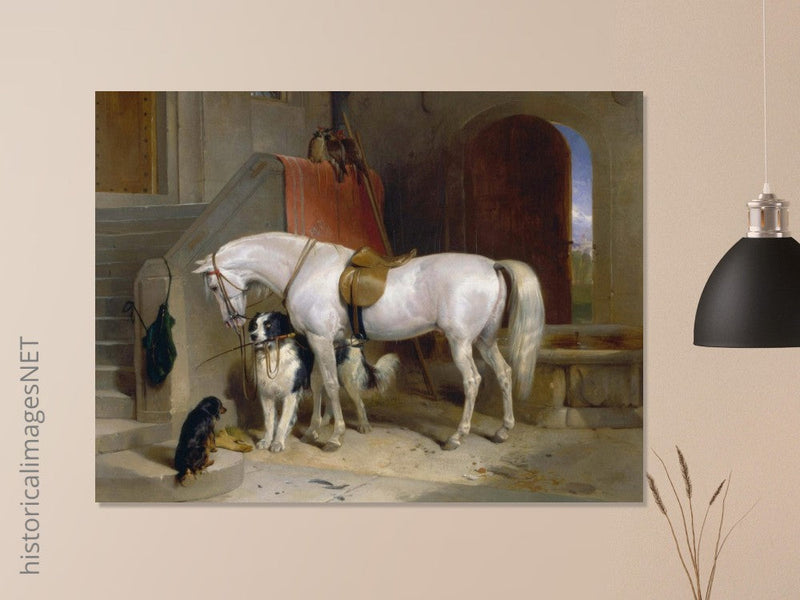 White horse in stable with dogs antique painting by Edwin Landseer.