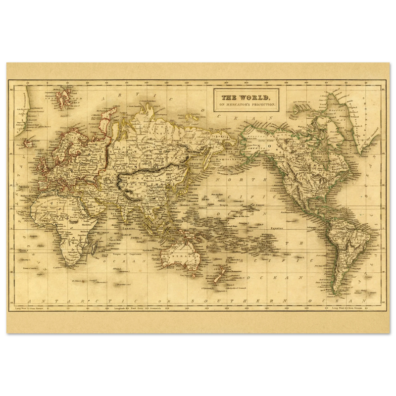 Ancient map of the world. The world on Mercator projection