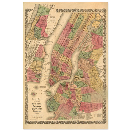 1886 New York City vintage map by G. W & C.B Colton. Antique maps