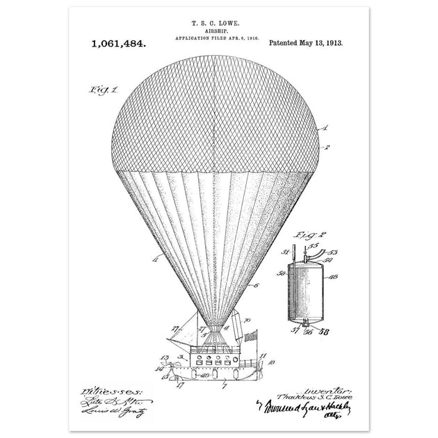 Airship patent drawing by T S C lowe Air balloon illustration