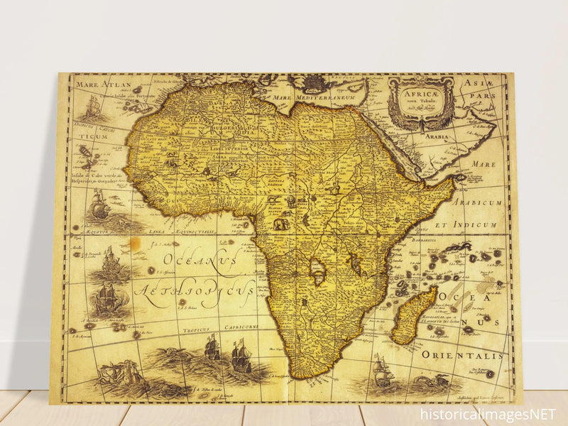 Africa ancient vintage map print reproduction. African continent cartography of 1680 by Hendrik Hondius