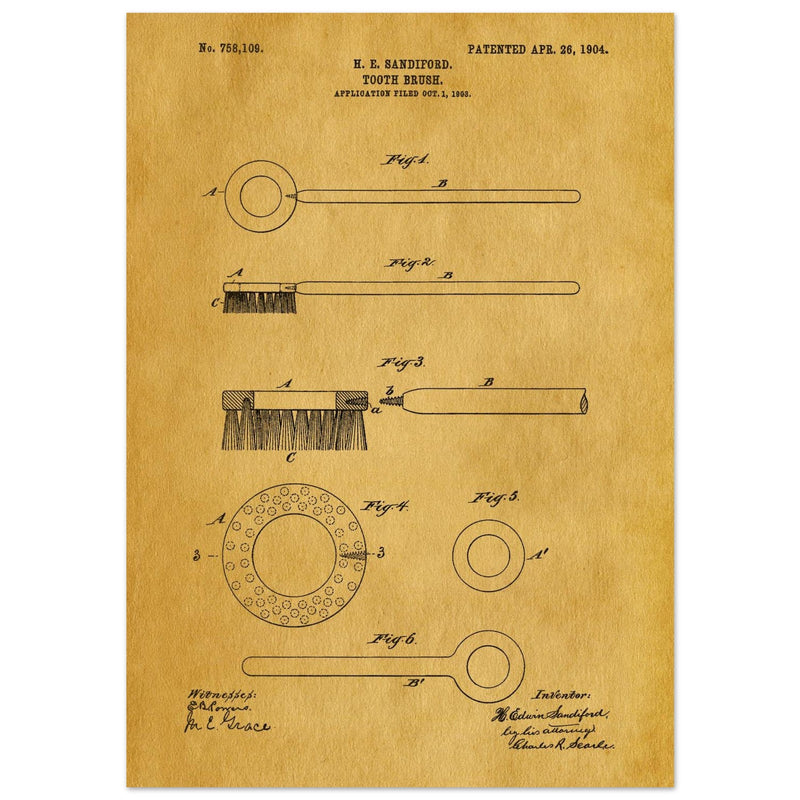 Toothbrush patent illustration by H E Sandiford.