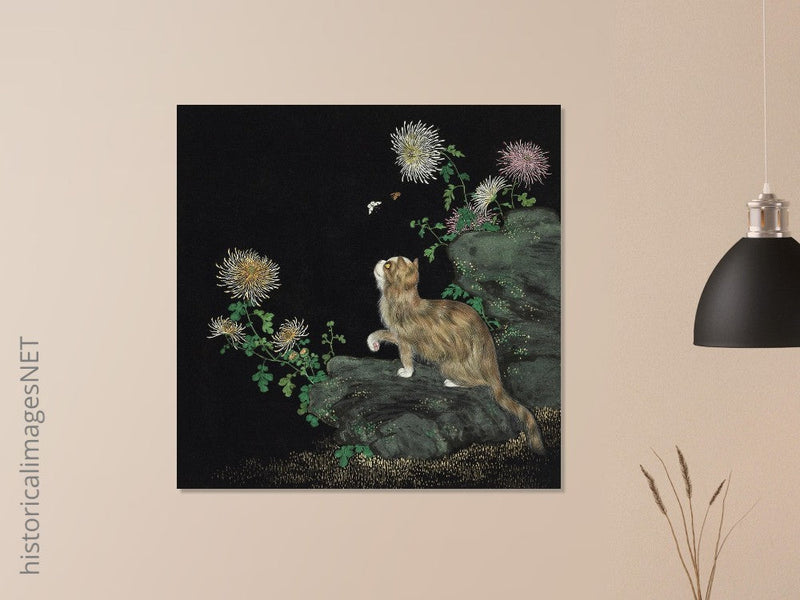 Cats and Butterflies in Springtime old oriental painting by Shen Zhenlin.