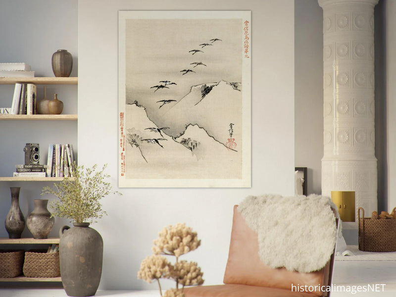 Geese flying over mountains by  Kano Tsunenobu, 1893 .