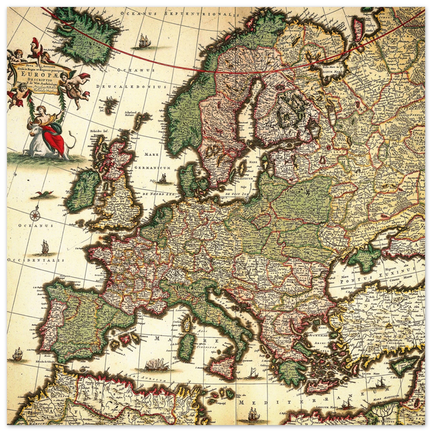 Ancient map of Europe. Nova et Accurata Totius Europæ Delineatio Vulgata" by Jacob Sandrart