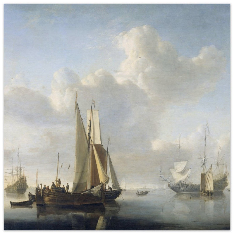Willem van de Velde Ships before the coast. Marine landscape painting.