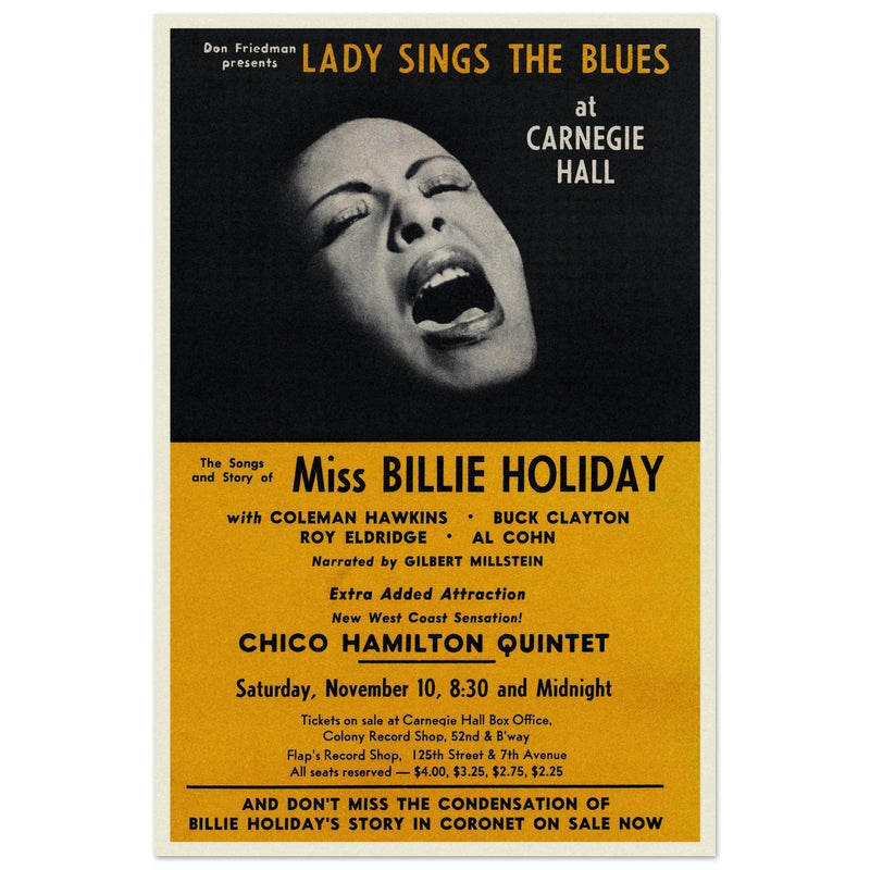 Billie Holiday music poster of her concert at Carnegie Hall in 1956.