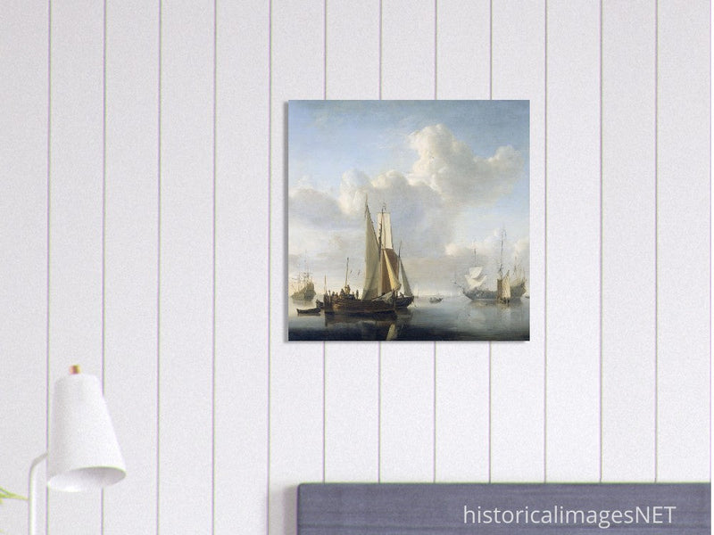 Willem van de Velde Ships before the coast. Marine landscape painting.
