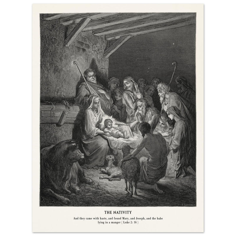 Gustave Dore The Bible engraving print . The Nativity illustration . The birth of Jesus Christ in Bethlehem