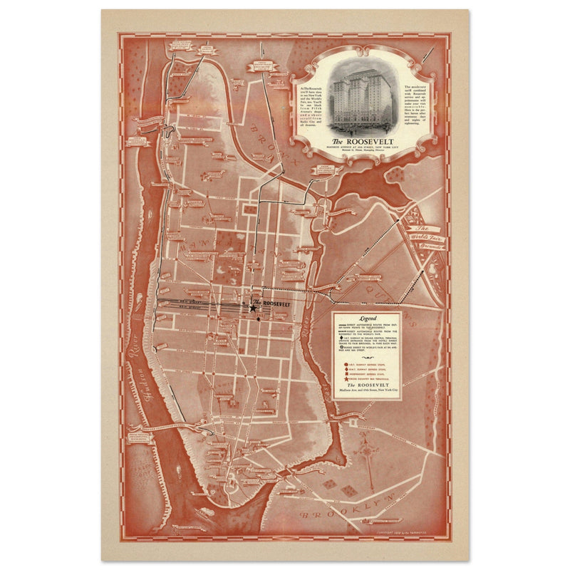 1938 New York City map. Created as an advertisement for the Roosevelt Hotel it includes major streets of Manhattan