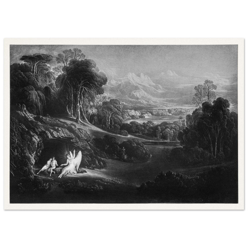 John Martin Paradise Lost vintage mezzoting engraving . Raphael Conversing with Adam and Eve .