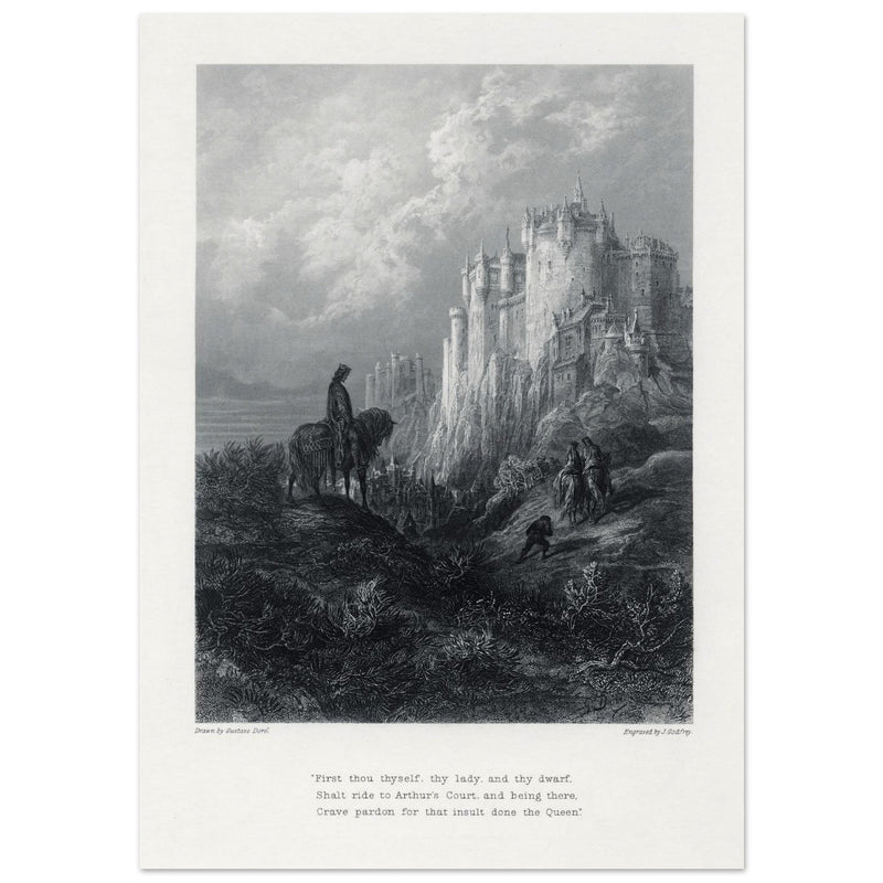 Gustave Dore illustration of King Arthur legend . Camelot . From the book Idylls of the King by Alfred Tennyson.