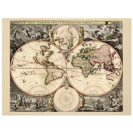 Antique world map print reproduction of the XVII Century. Orbis terrarum nova by Nicolaes Visscher II