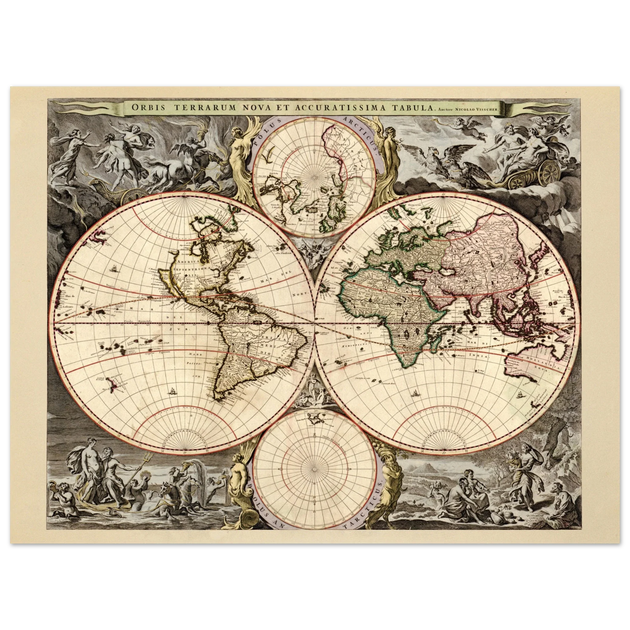 Antique world map print reproduction of the XVII Century. Orbis terrarum nova by Nicolaes Visscher II