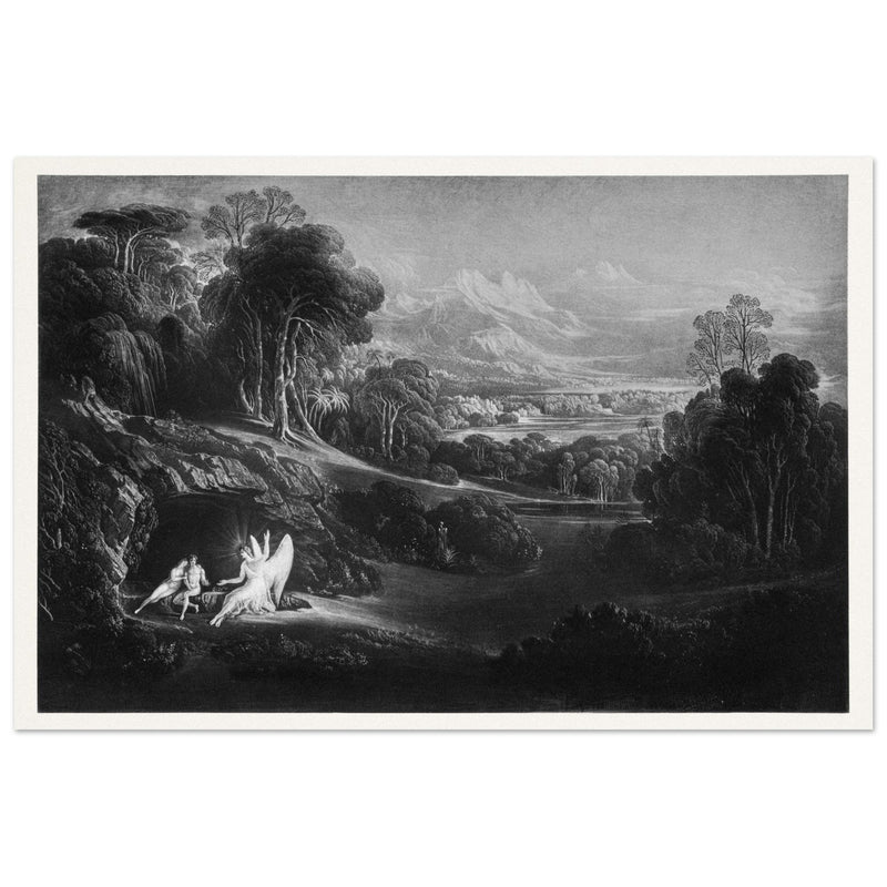 John Martin Paradise Lost vintage mezzoting engraving . Raphael Conversing with Adam and Eve .