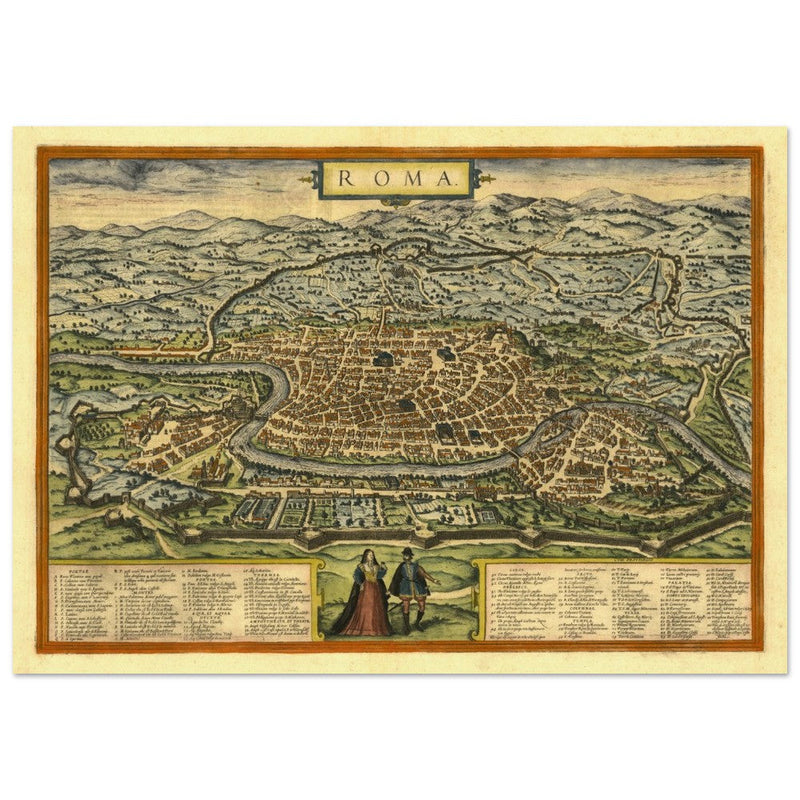 Rome Italy antique vintage city map. 1572 ancient map of the italian capital by Georg Braun and  Frans Hogenberg.