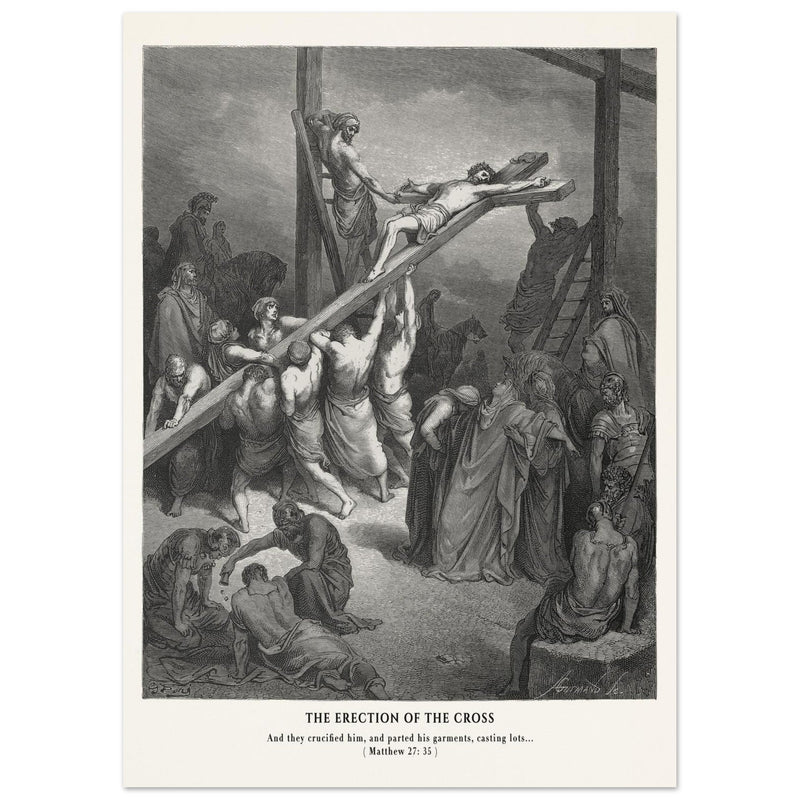 Gustave Dore The Bible engraving print . The Crucifixion  illustration .The erection of the cross.
